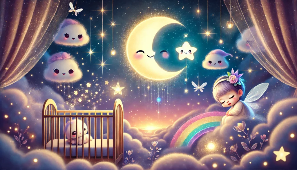 DALL·E 2025 03 05 15.27.53 A magical night sky filled with twinkling stars featuring a small glowing star named Luma shining softly. The moon smiles warmly as Luma floats thro