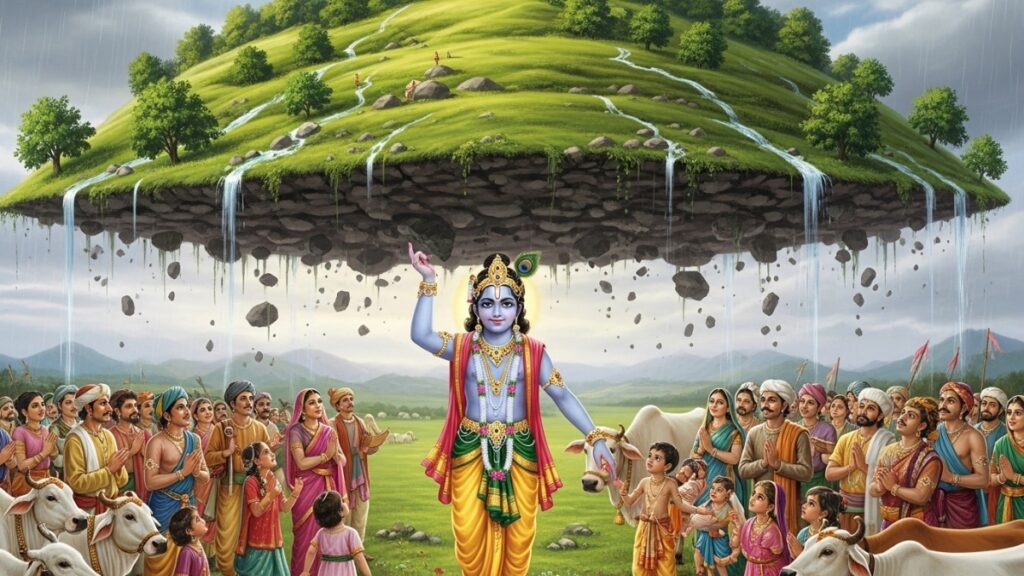 Krishna Lifts Govardhan Hill