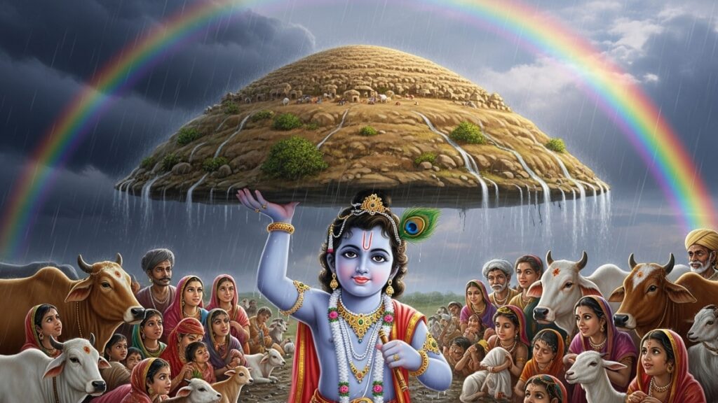 Govardhan Puja Story for Kids in English 8 Krishna and the Rainbow Shelter