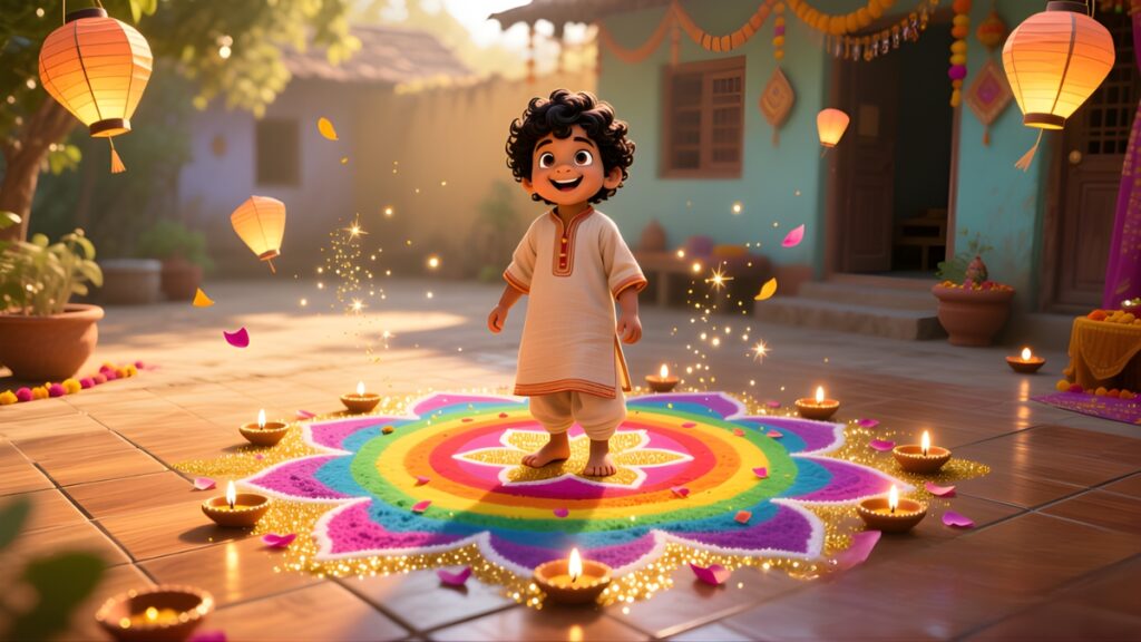 Short Diwali Stories for Kindergarten 9 Little Ankit and the Rainbow Rangoli