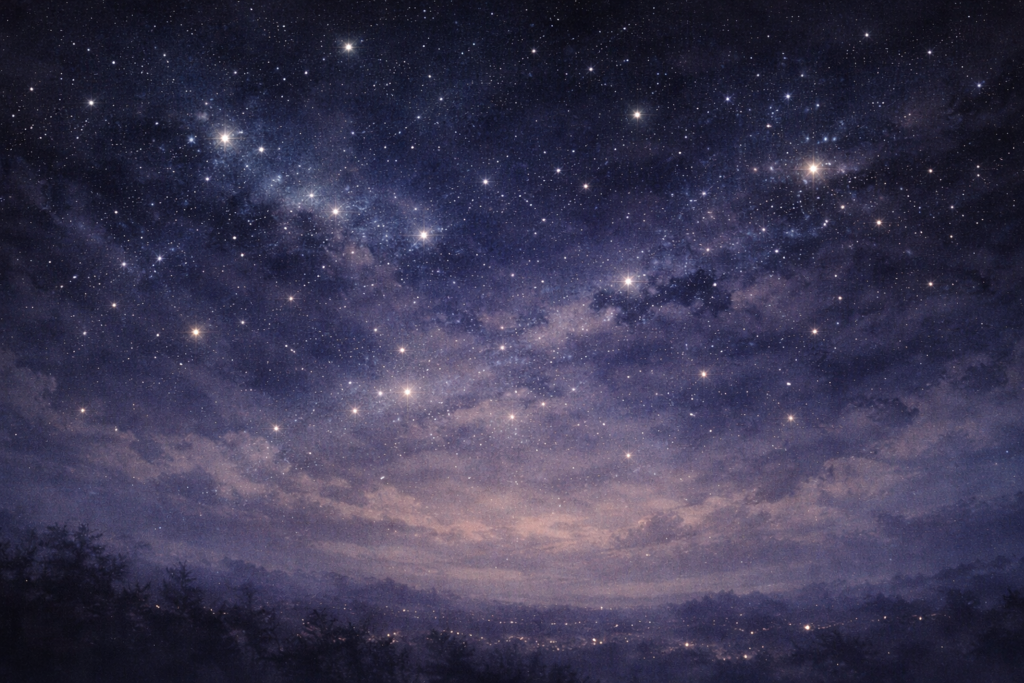 A silent night sky where stars appear lost, opening a magical realism love story