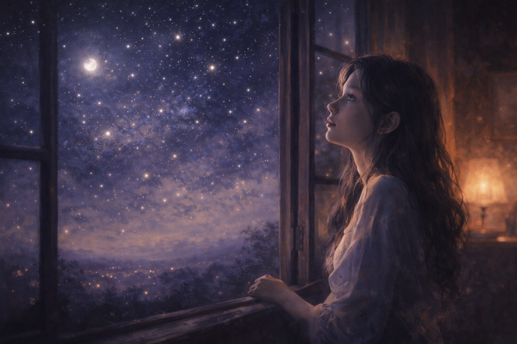 A girl quietly listening to the night sky in a dreamy romantic fantasy story.