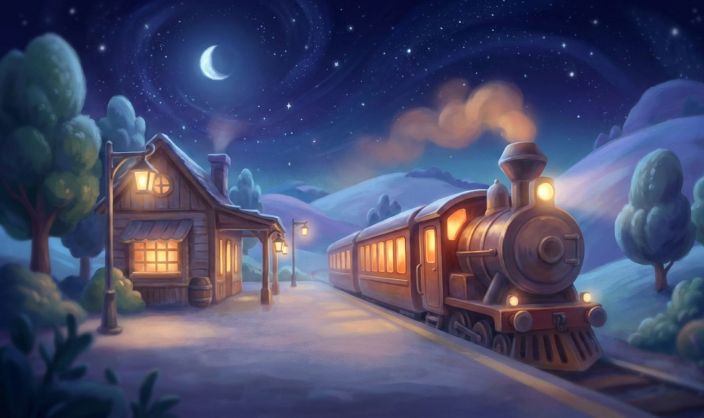 A calm nighttime train glowing softly at a quiet station under a starry sky, illustrated in a soothing Disney Pixar style.